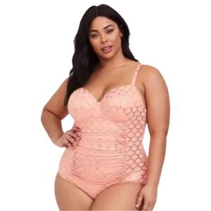 Torrid Coral Mermaid One-Piece Swimsuit w/ Gold Foil | Size 5X (28) Excellent UC